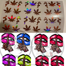 Load image into Gallery viewer, ‘Stoner Babe’ Set - Holographic rose gold hemp vinyl stickers and finger on lip decals
