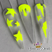 Load image into Gallery viewer, Neon/day glow ‘BOLTS &amp; STARS’ vinyl nail art stickers