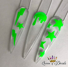 Load image into Gallery viewer, Neon/day glow ‘BOLTS &amp; STARS’ vinyl nail art stickers
