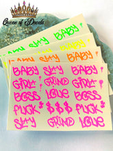 Load image into Gallery viewer, Graffiti style words decal Neon/Day GLO
