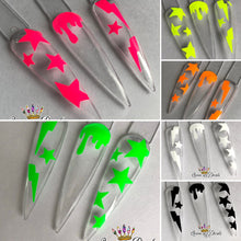 Load image into Gallery viewer, Neon/day glow ‘BOLTS &amp; STARS’ vinyl nail art stickers