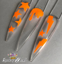 Load image into Gallery viewer, Neon/day glow ‘BOLTS &amp; STARS’ vinyl nail art stickers