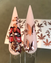 Load image into Gallery viewer, ‘Stoner Babe’ Set - Holographic rose gold hemp vinyl stickers and finger on lip decals